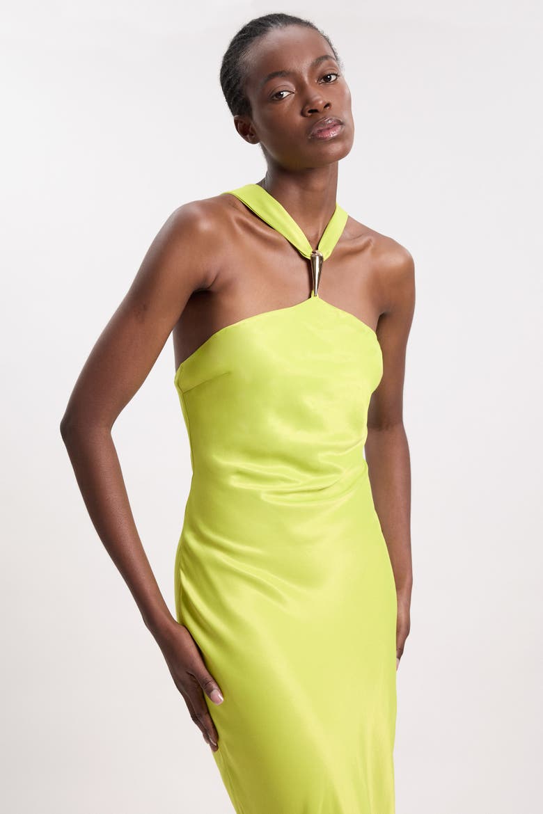 Satin Halter Maxi Dress, Alternate, color, Chartreuse