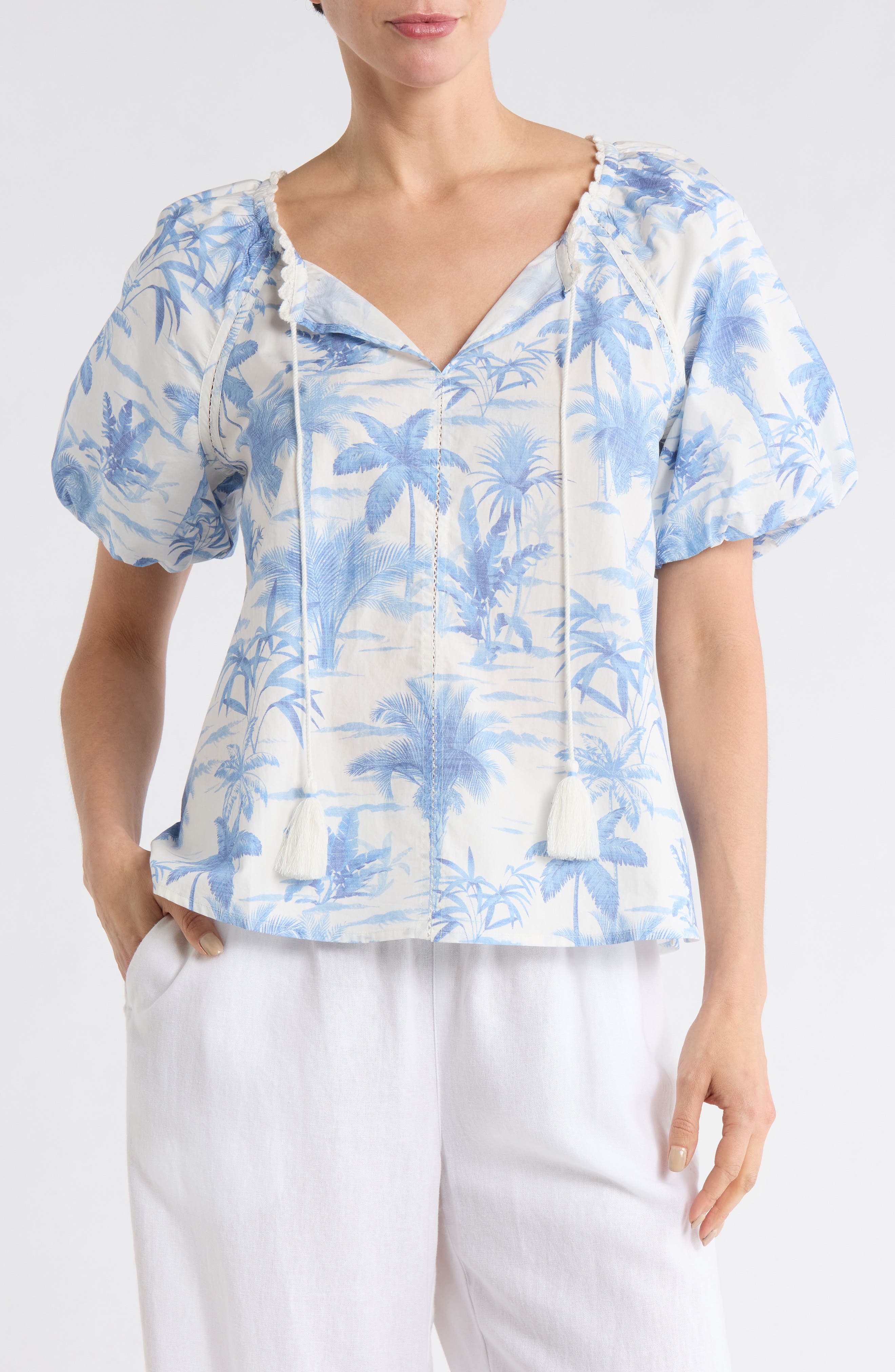 Tommy Bahama Fortuna Fronds Puff Sleeve Cotton Top