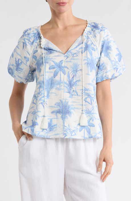 Tommy Bahama Fortuna Fronds Puff Sleeve Cotton Top