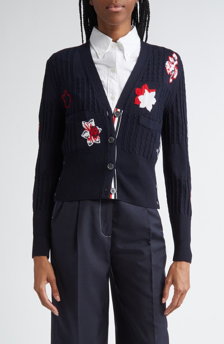 Thom Browne Hector Floral Cable Knit Virgin Wool Cardigan, Main, color, 