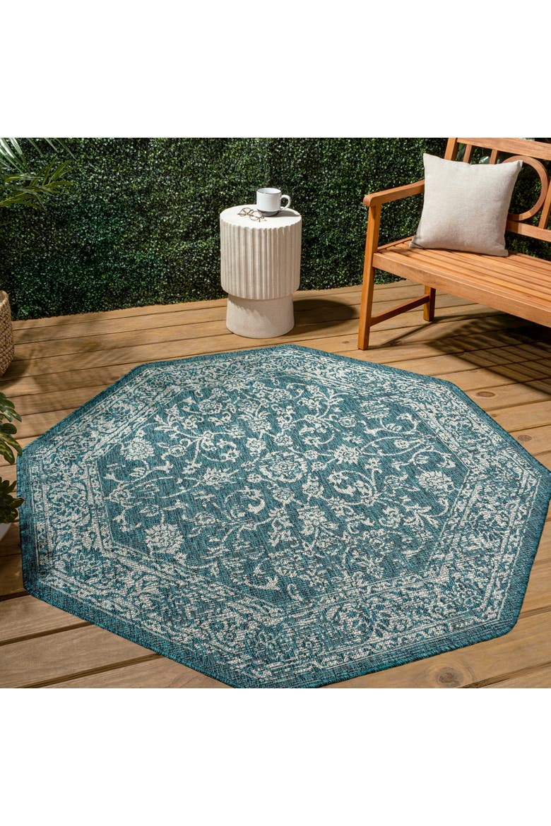 Tela Bohemian Textured Weave Floral Octagon Indoor/Outdoor Area Rug, Alternate, color, Teal/Gray