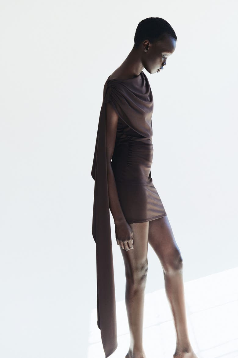 Cape-detail Draped Dress, Alternate, color, Dark brown