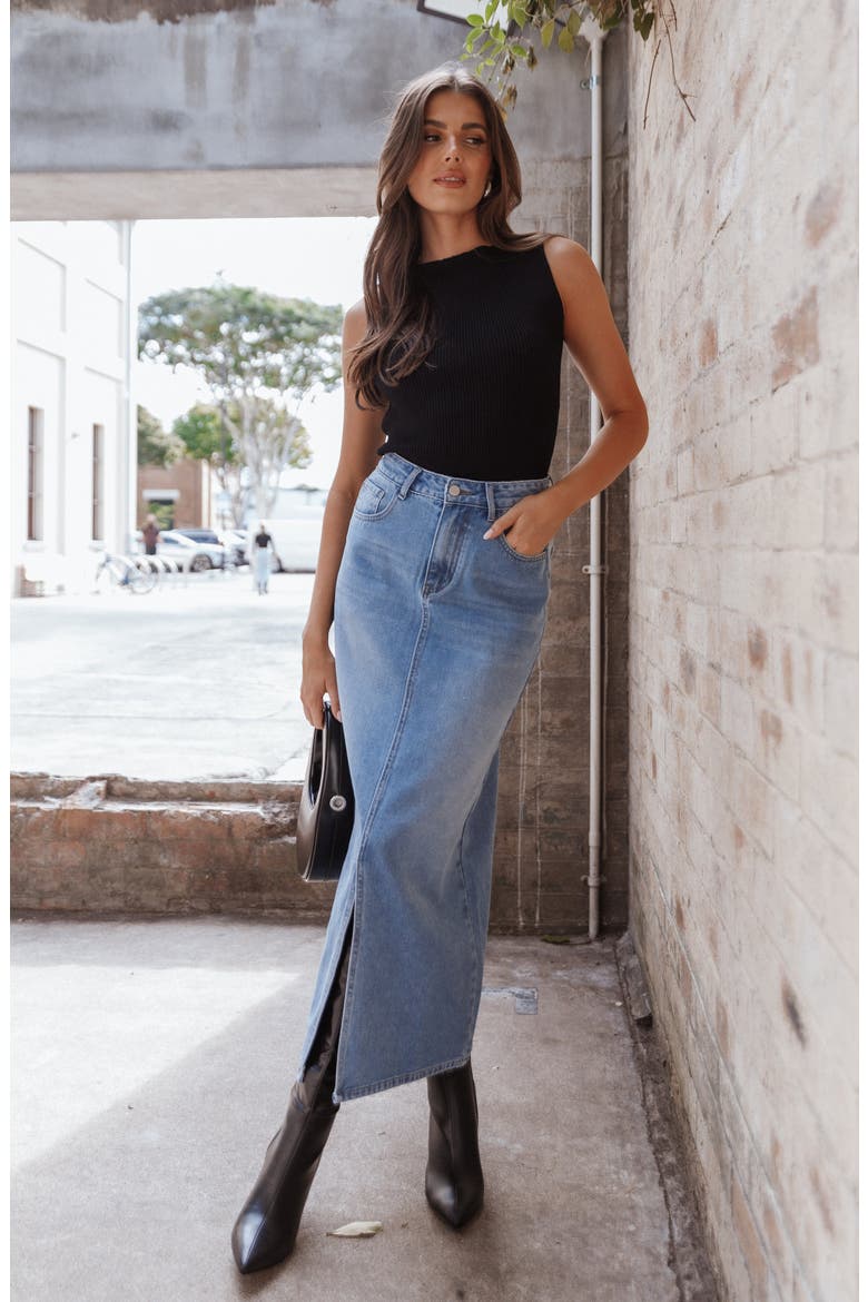 Dana Front Slit Denim Midi Skirt, Alternate, color, BLUE WASH