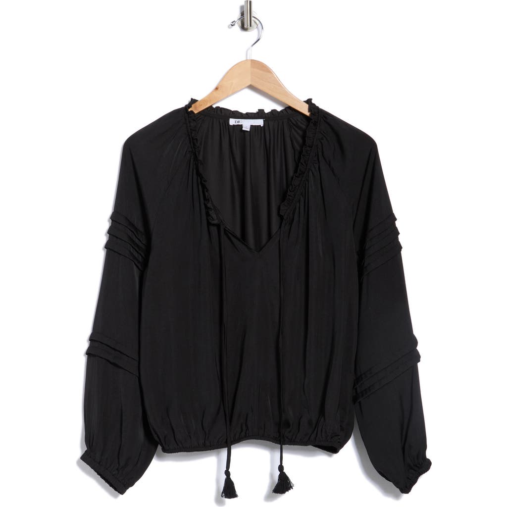 Dr2 By Daniel Rainn Long Sleeve Tie Front Satin Top In Black
