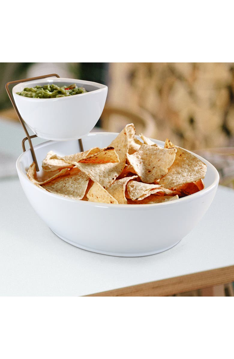 Gibson Elite Gracious Dining 2 Tier Chip and Dip Server Set with Metal Rack, Alternate, color, White