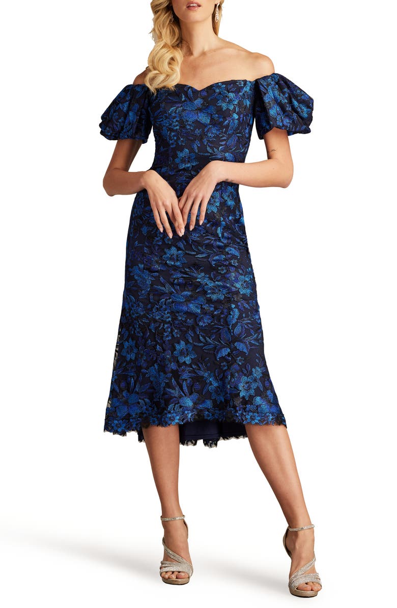 Tadashi Shoji Embroidered Floral Off the Shoulder Midi Dress, Main, color, Midnight