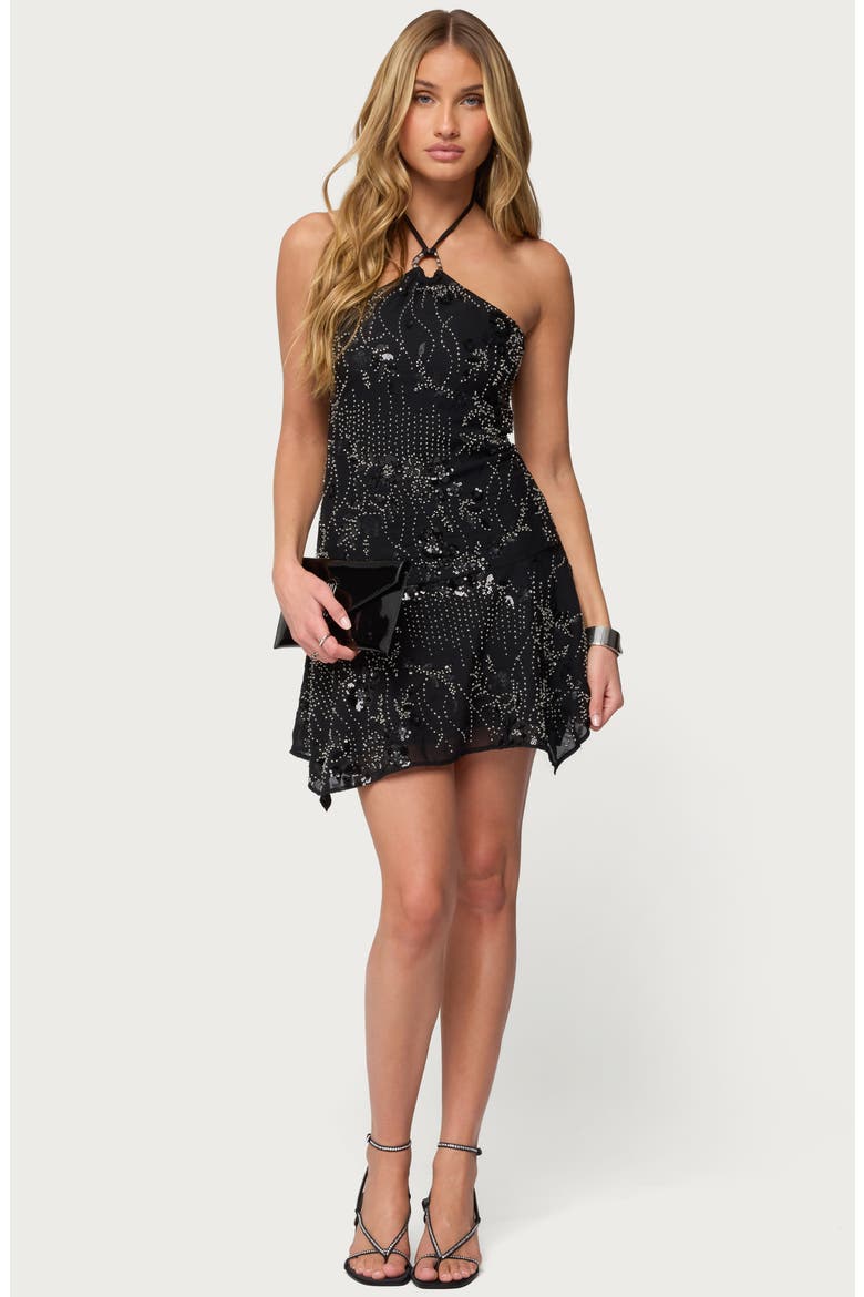 Adria Beaded Sequin Halter Minidress, Alternate, color, BLACK