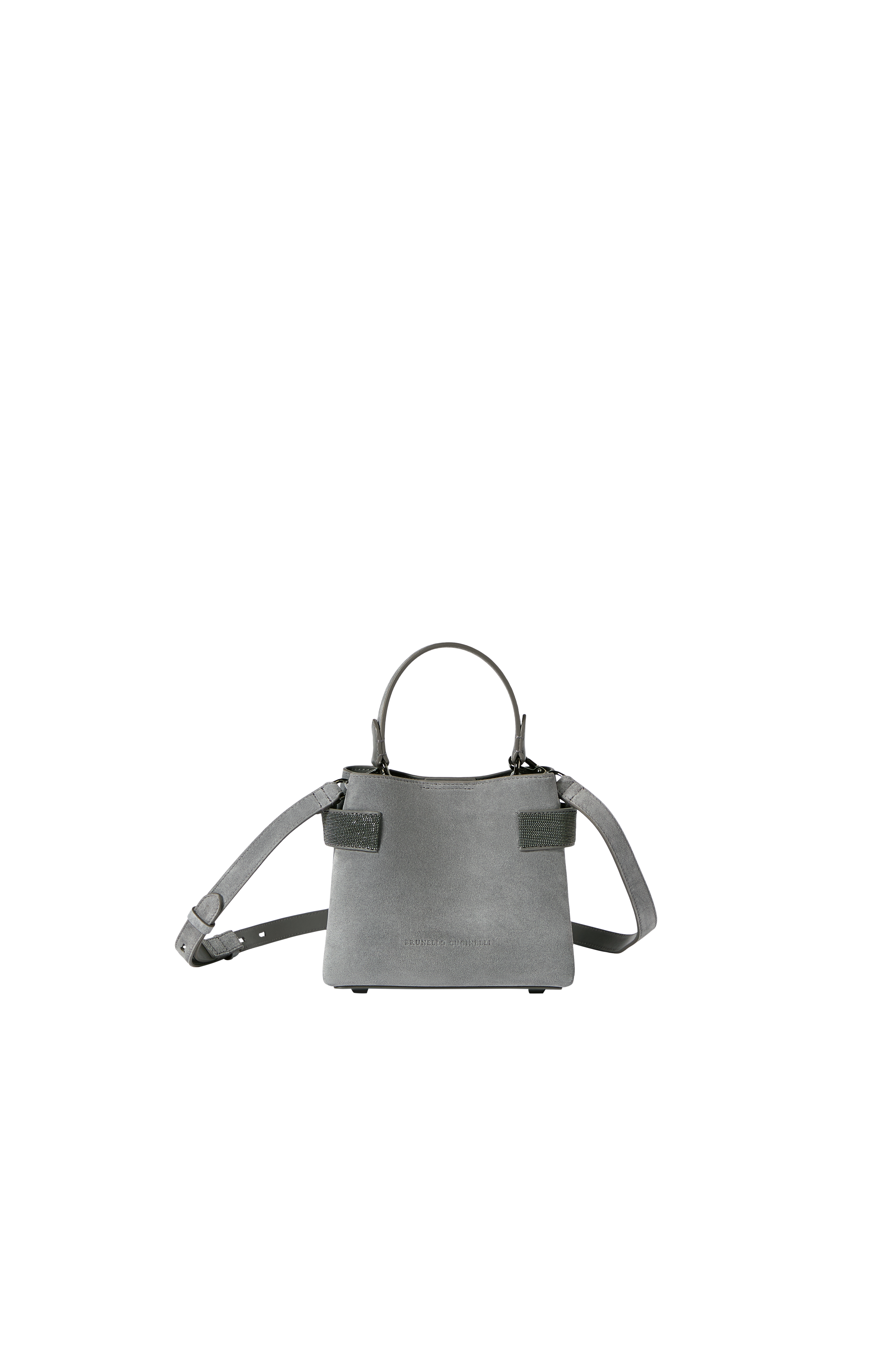 Essence small top-handle bag in suede with precious bands, Alternate, color, Stone Grey
