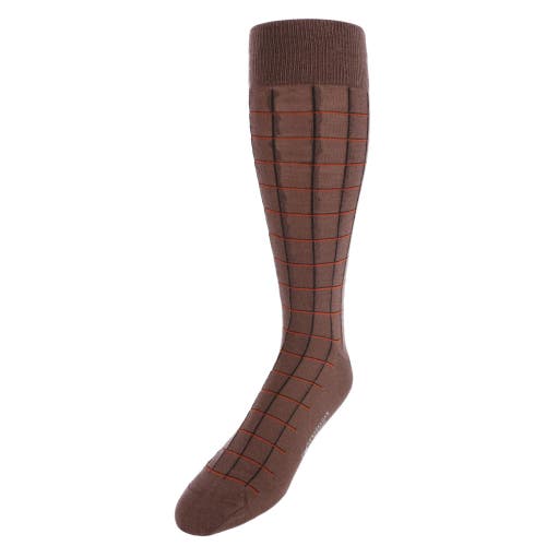 Trafalgar Oscar Windowpane Merino Wool Mid-Calf Socks in Brown And Orange 