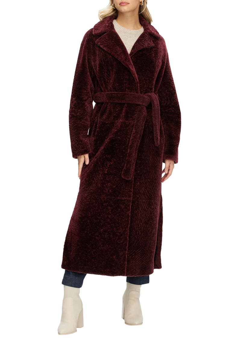 Reversible Textured Genuine Shearling Coat with Side Slits, Belt, Main, color, BURGUNDY/BLACK