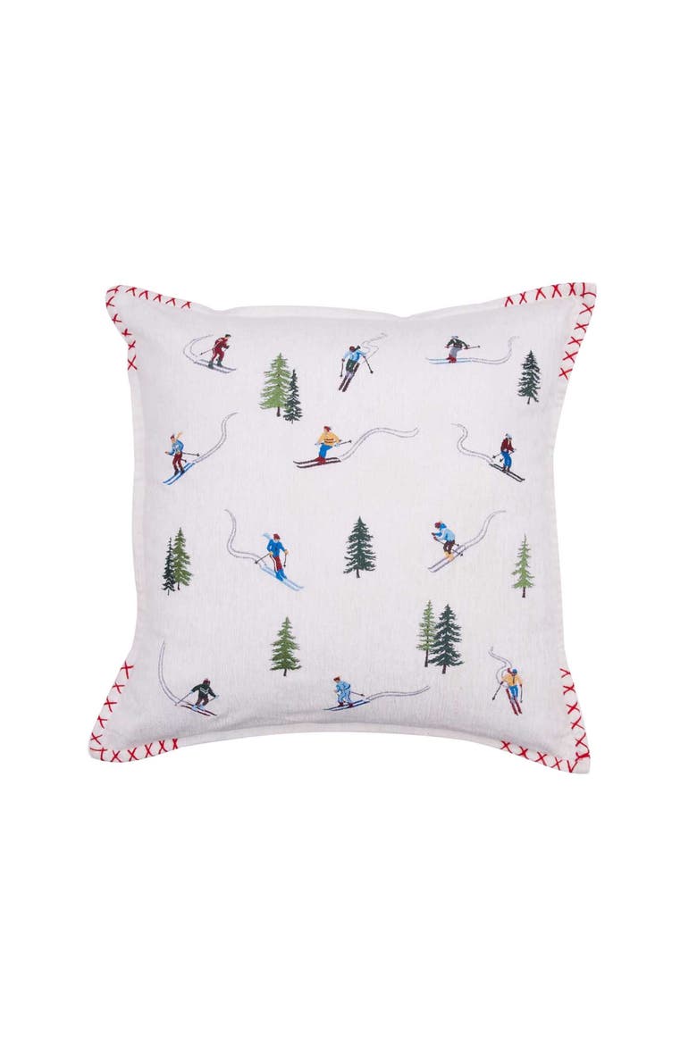 Alpine Skiers Winter Sports Christmas Throw Pillow 18" x 18", Main, color, Green