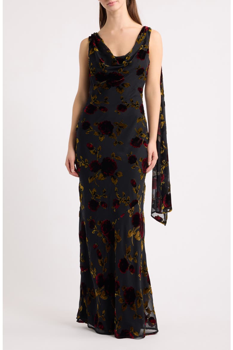 Archer Scarf Sleeveless Gown, Main, color, BLACK MULTI