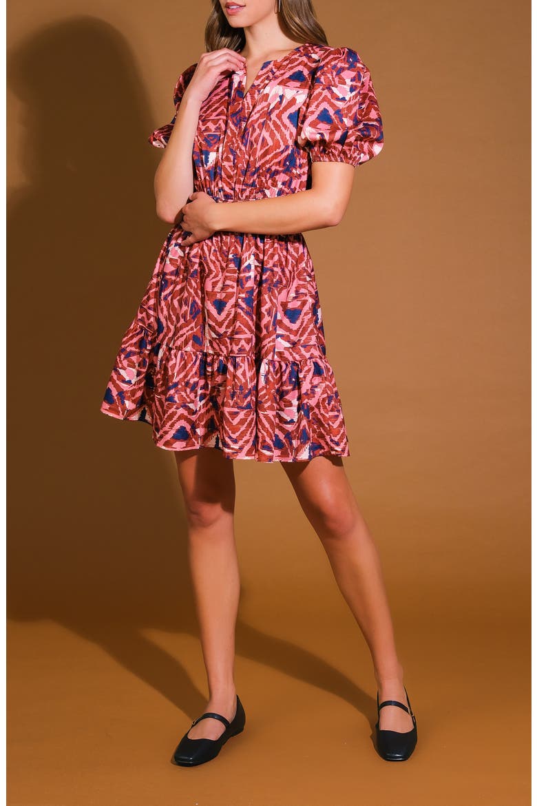 Print Puff Sleeve Minidress, Alternate, color, BROWN NAVY