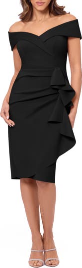 Ruffle Off the Shoulder Scuba Crepe Cocktail Dress