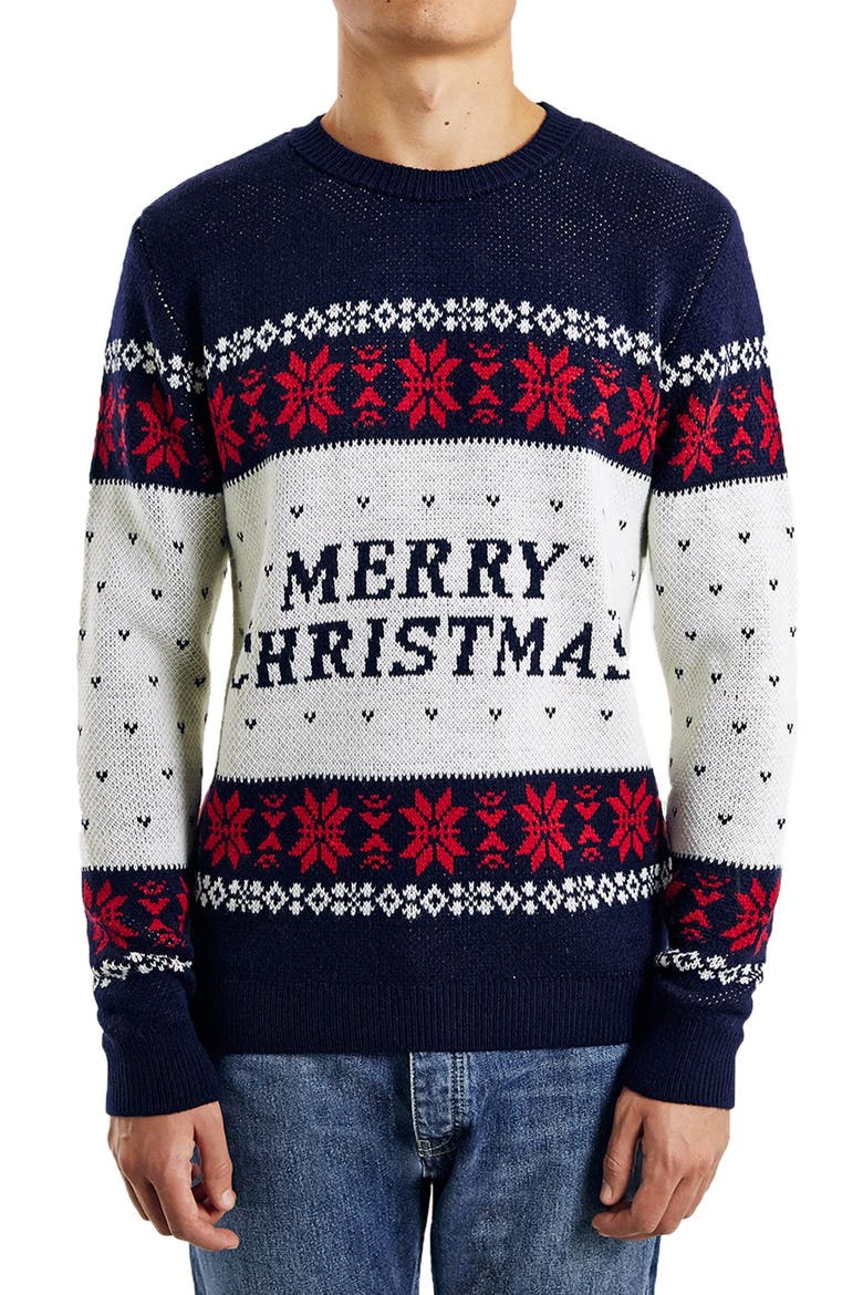 Merry Christmas Jacquard Crewneck Sweater, Main, color, NAVY MULTI