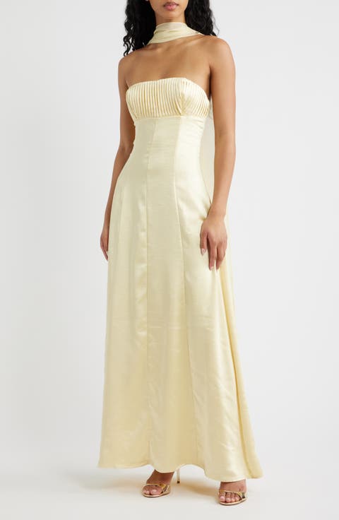 Masterpiece Pleated Strapless Satin Gown