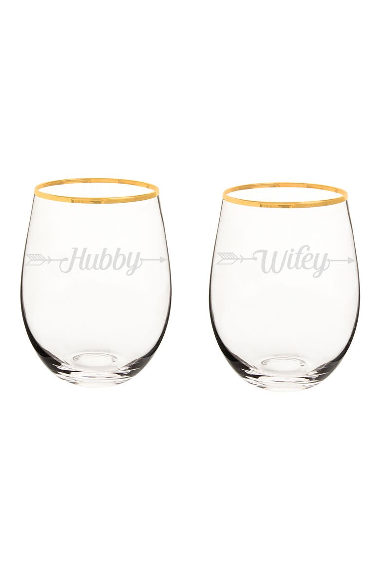Hubby/Wifey Set of 2 Gold Rimmed Stemless Wine Glasses, Main, color, GOLD