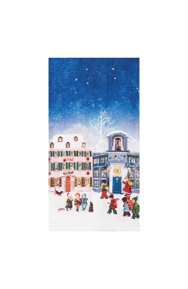 C&F Home Vintage Houses With Kids Printed Flour Sack Kitchen Towel, Alternate, color, Blue