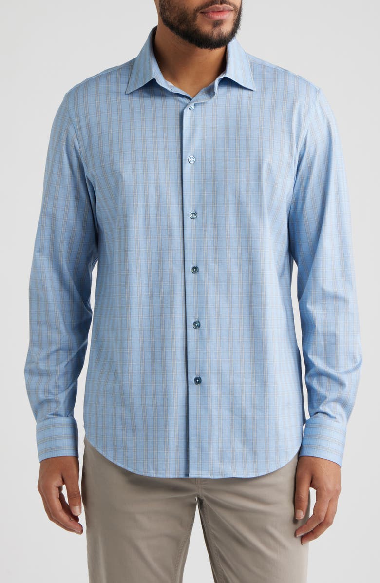 Bugatchi James OoohCotton<sup>®</sup> Plaid Button-Up Shirt, Main, color, Air Blue