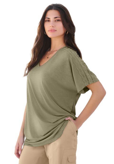 Plus Size Lace Trimmed Textured Tee (Plus)