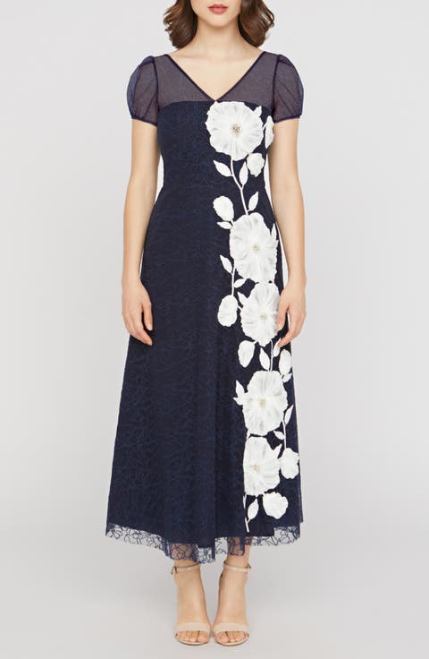 Layla Floral Appliqué Embroidered Mesh Midi Dress