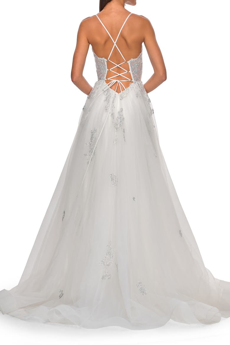 A-Line Tulle Gown with Scallop Detail Bodice and Lace Applique, Alternate, color, White