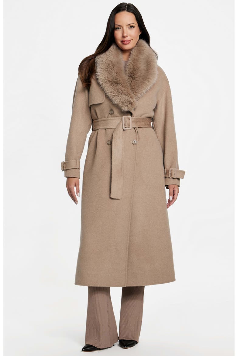 Ella Faux Fur Collar Double Breasted Coat, Alternate, color, LIGHT TAUPE