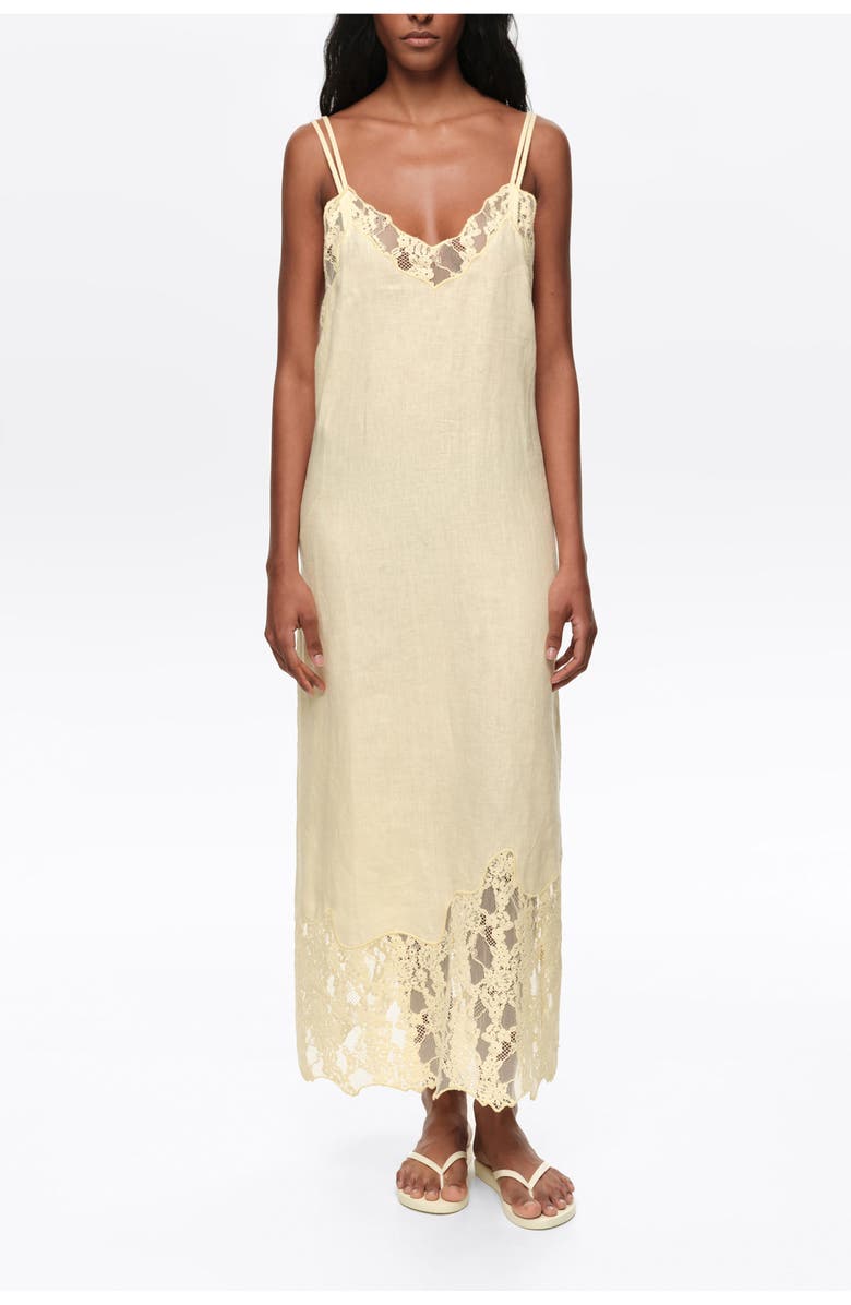 Bimba y Lola Washed Linen Lace V-Neck Midi Dress, Main, color, Light Yellow