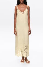 Bimba y Lola Washed Linen Lace V-Neck Midi Dress