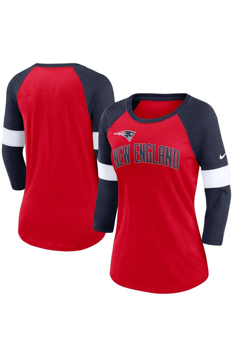 Nike Women's Nike New England Patriots Heather Red/Heather Navy Football Pride Raglan 3/4-Sleeve T-Shirt, Alternate, color, 