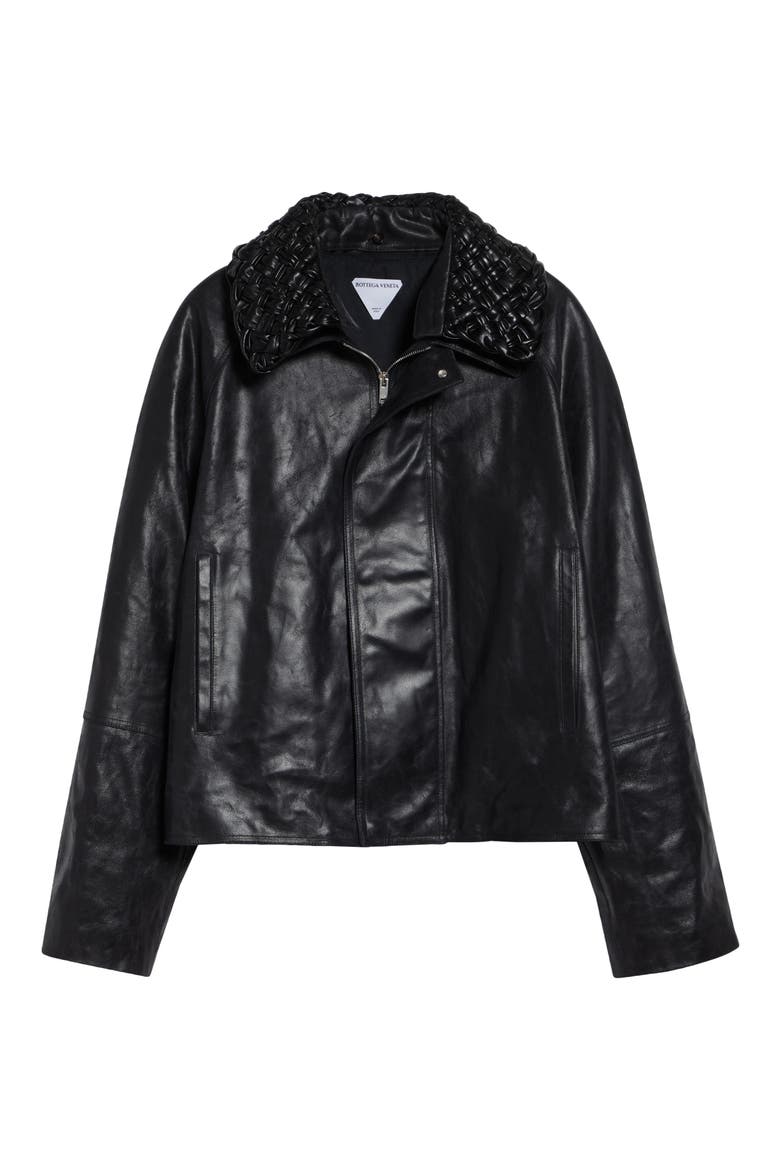Intrecciato Collar Crackled Leather Jacket, Alternate, color, 1010 DOUBLE BLACK
