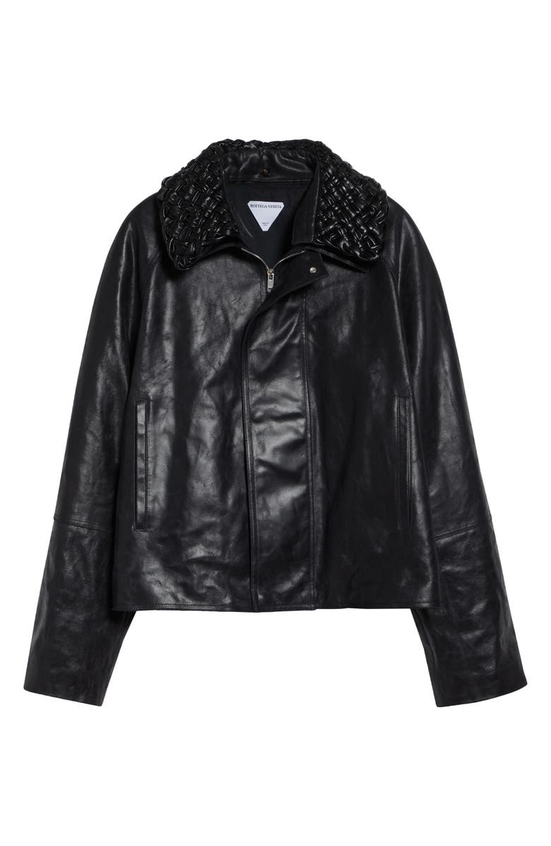 Bottega Veneta Intrecciato Collar Crackled Leather Jacket, Alternate, color, 1010 Double Black