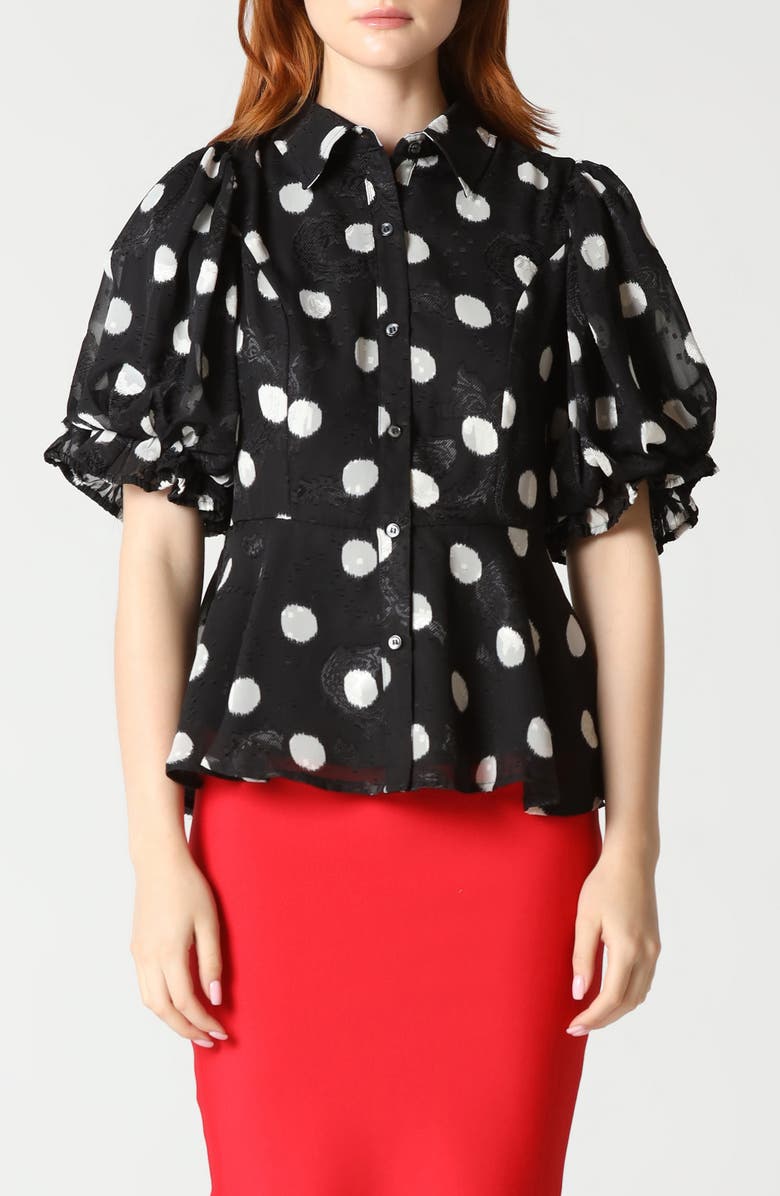 GRACIA Polka Dot Puff Sleeve Button-Down Top, Main, color,