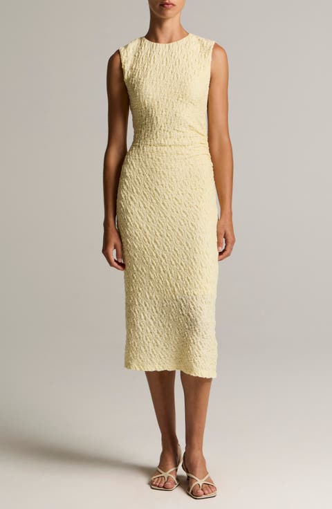 Side Pleat Textured Cotton Blend Body-Con Dress