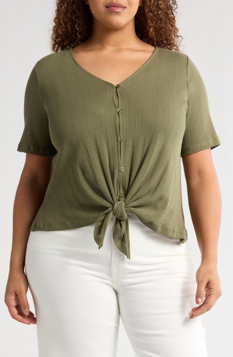 Tie Front Cotton Pointelle Top (Plus)