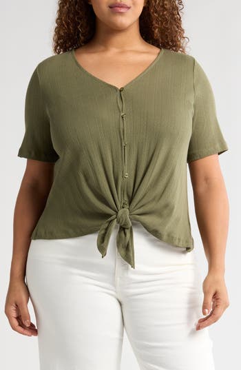 Sanctuary Tie Front Cotton Pointelle Top In Green