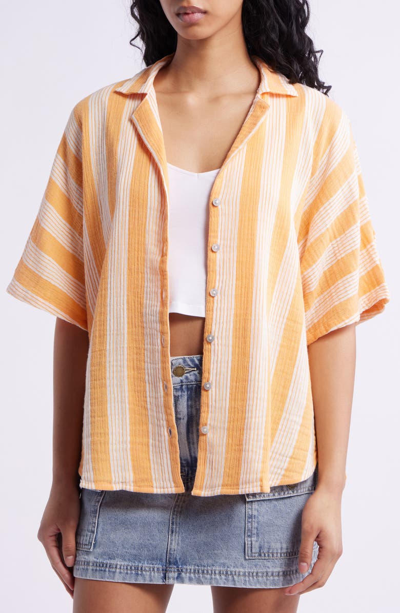 Rip Curl Surf Stripe Cotton Camp Shirt, Alternate, color, Mango