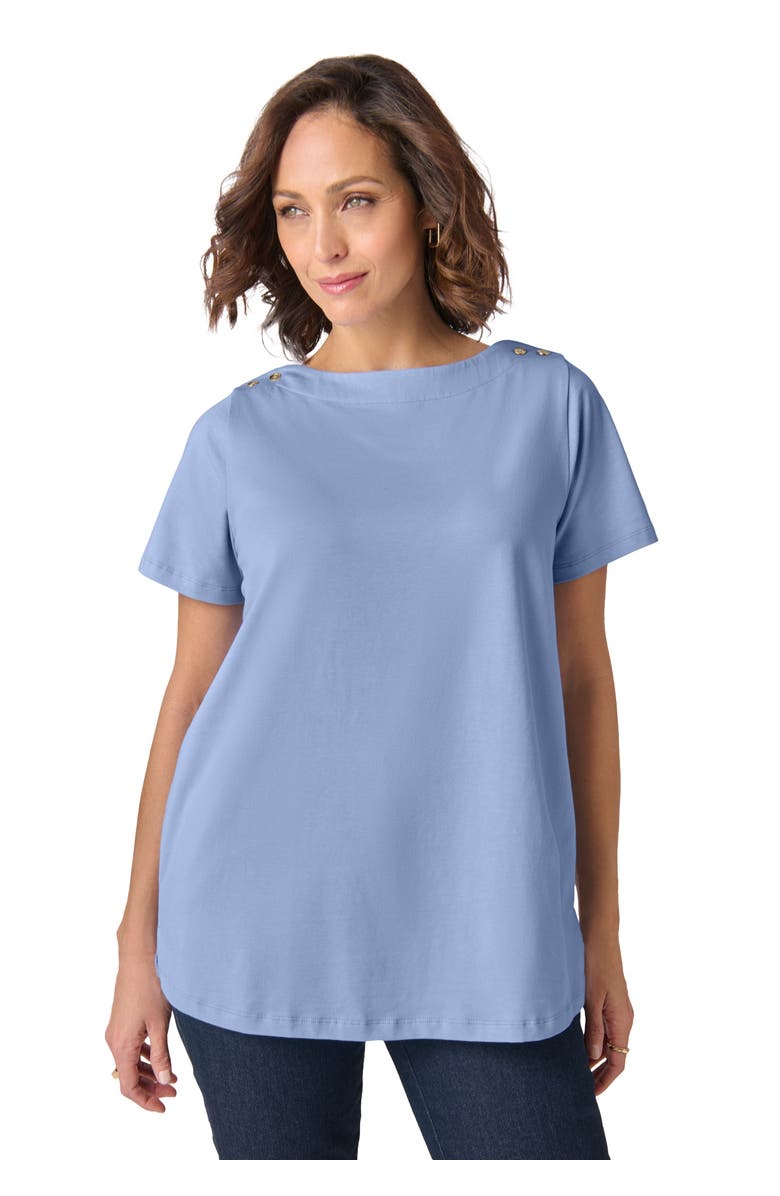 Jessica London Short Sleeve Boatneck Knit Tee, Main, color, Azure Mist