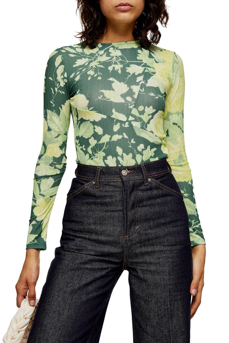 Floral Print Mesh Top, Main, color, GREEN