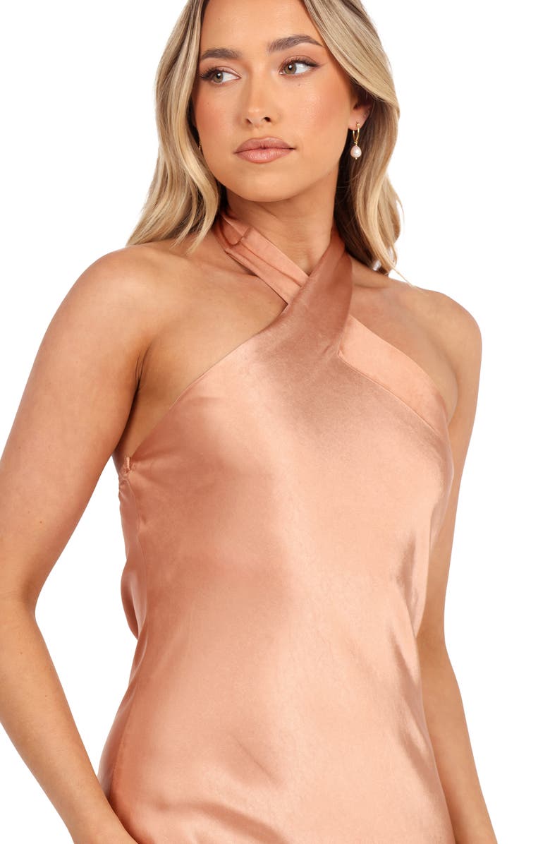 Petal & Pup Grasie Stretch Satin Halter Dress, Alternate, color, Bronze