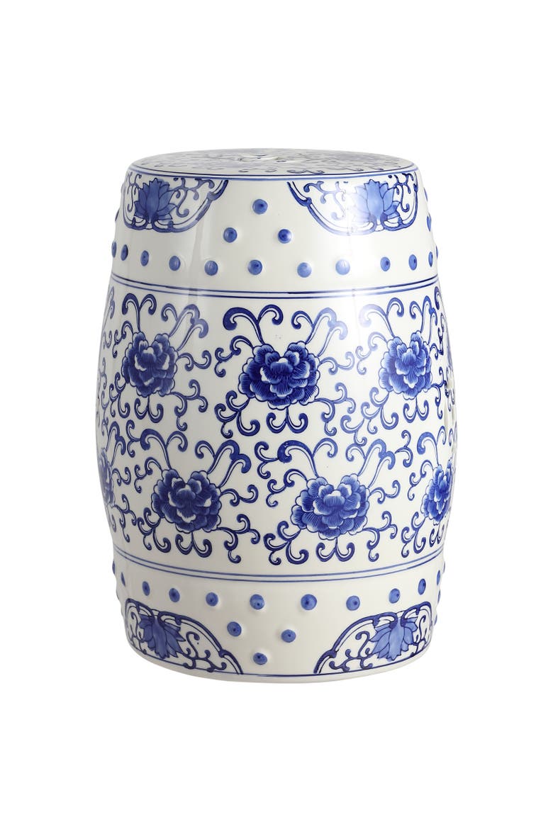 Lotus Flower Traditional Floral Chinoiserie Ceramic Drum Garden Stool, Pierced Indoor/Outdoor Patio Seat & Side Table, Main, color, Blue/White