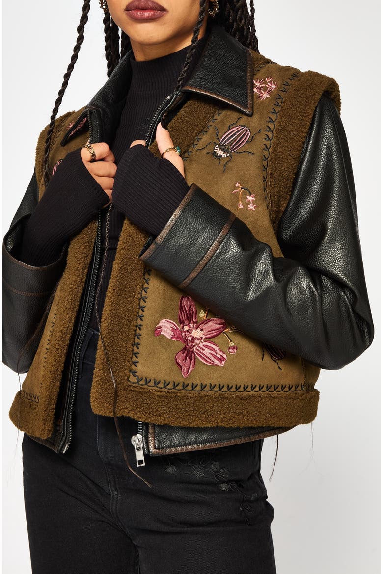 Sylvara Borg Embroidered Bug Gilet, Alternate, color, Brown