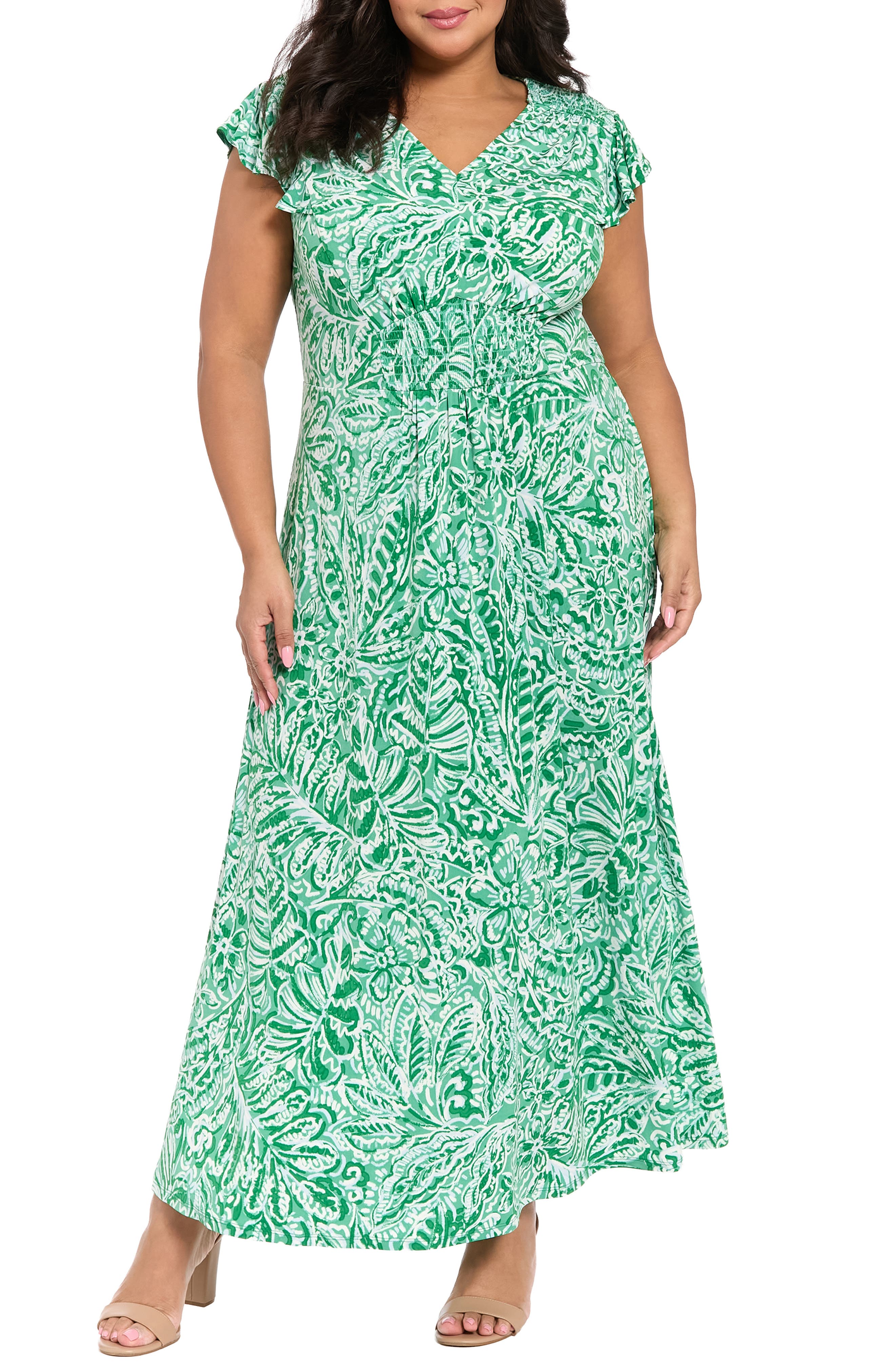 London Times Floral Flutter Sleeve Jersey Maxi Dress