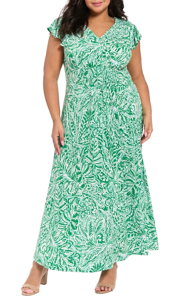 London Times Floral Flutter Sleeve Jersey Maxi Dress, Main, color, Green/ Green