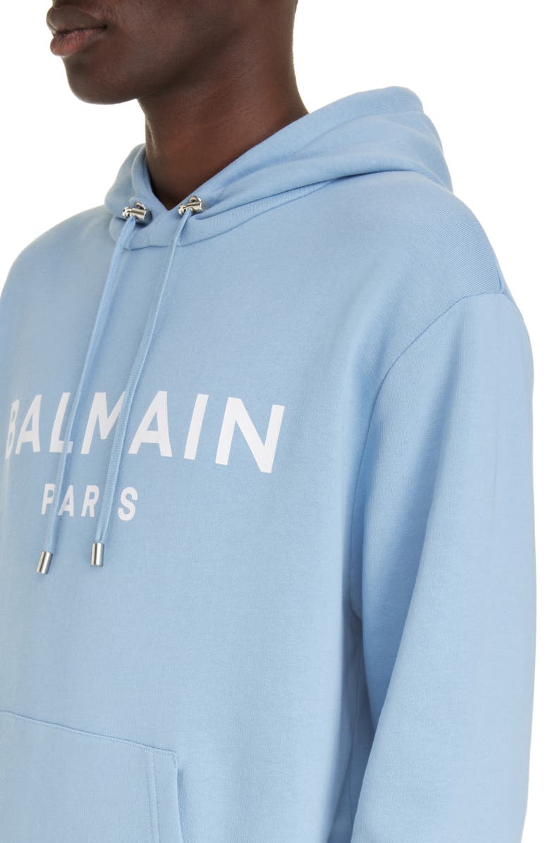 Balmain Organic Cotton Logo Graphic Hoodie, Alternate, color, Slj Pale Blue/ White