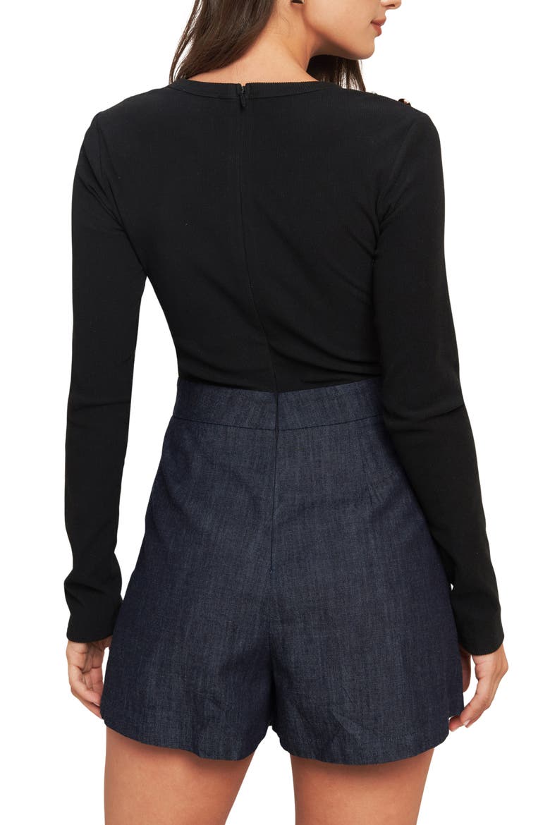 Mixed Media Long Sleeve Romper, Alternate, color, BLACK