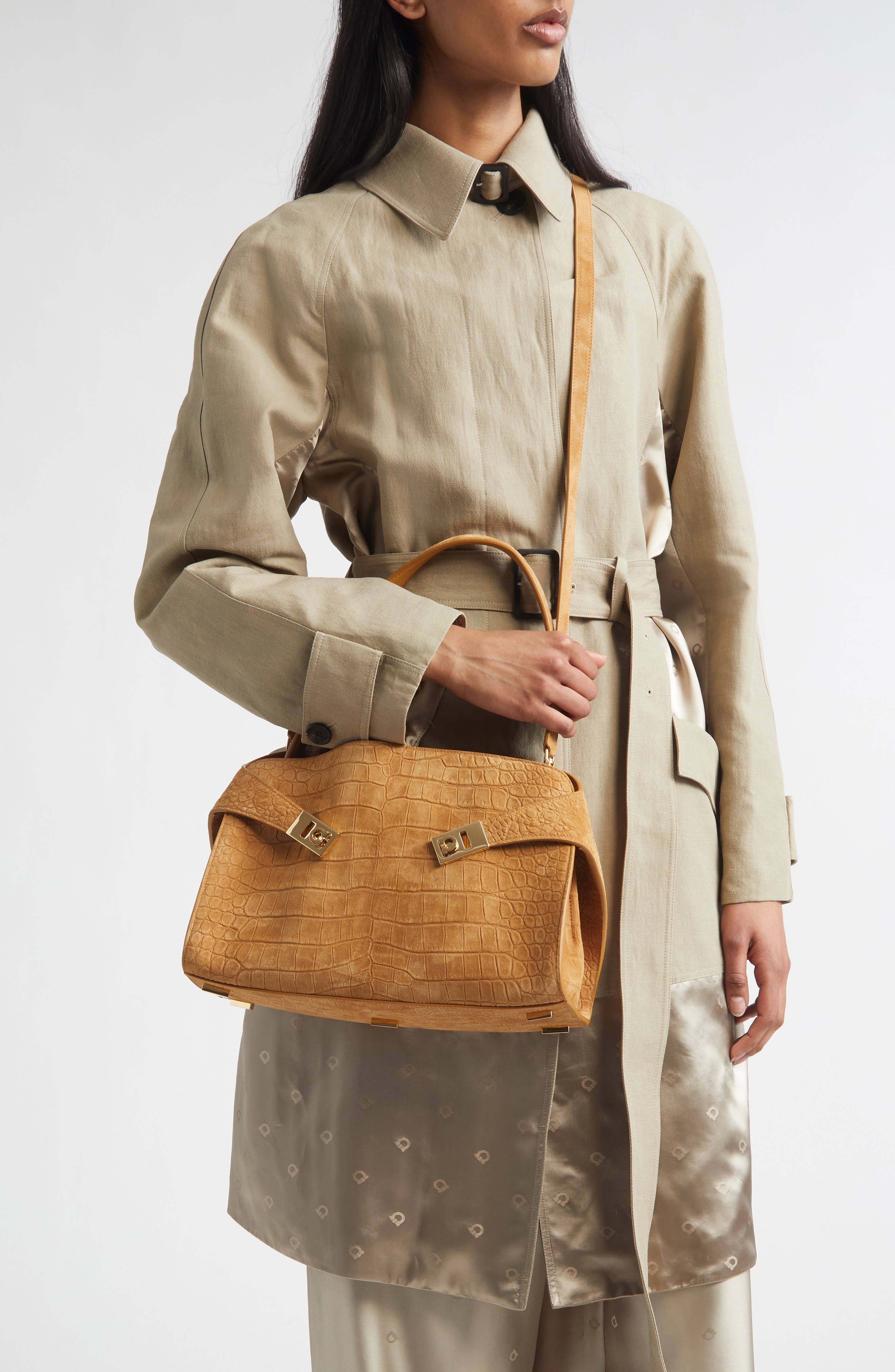 FERRAGAMO Hug Croc Embossed Suede Handbag, Alternate, color, Naturale