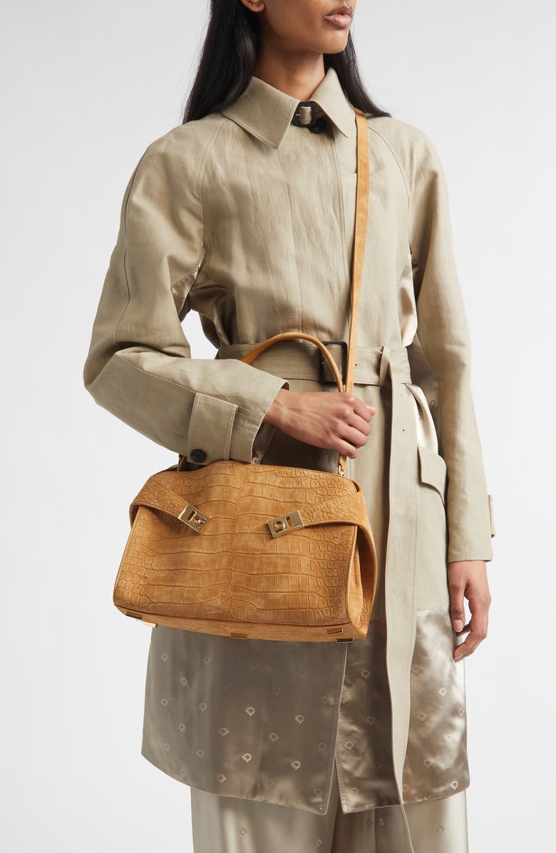 FERRAGAMO Hug Croc Embossed Suede Handbag, Alternate, color, Naturale