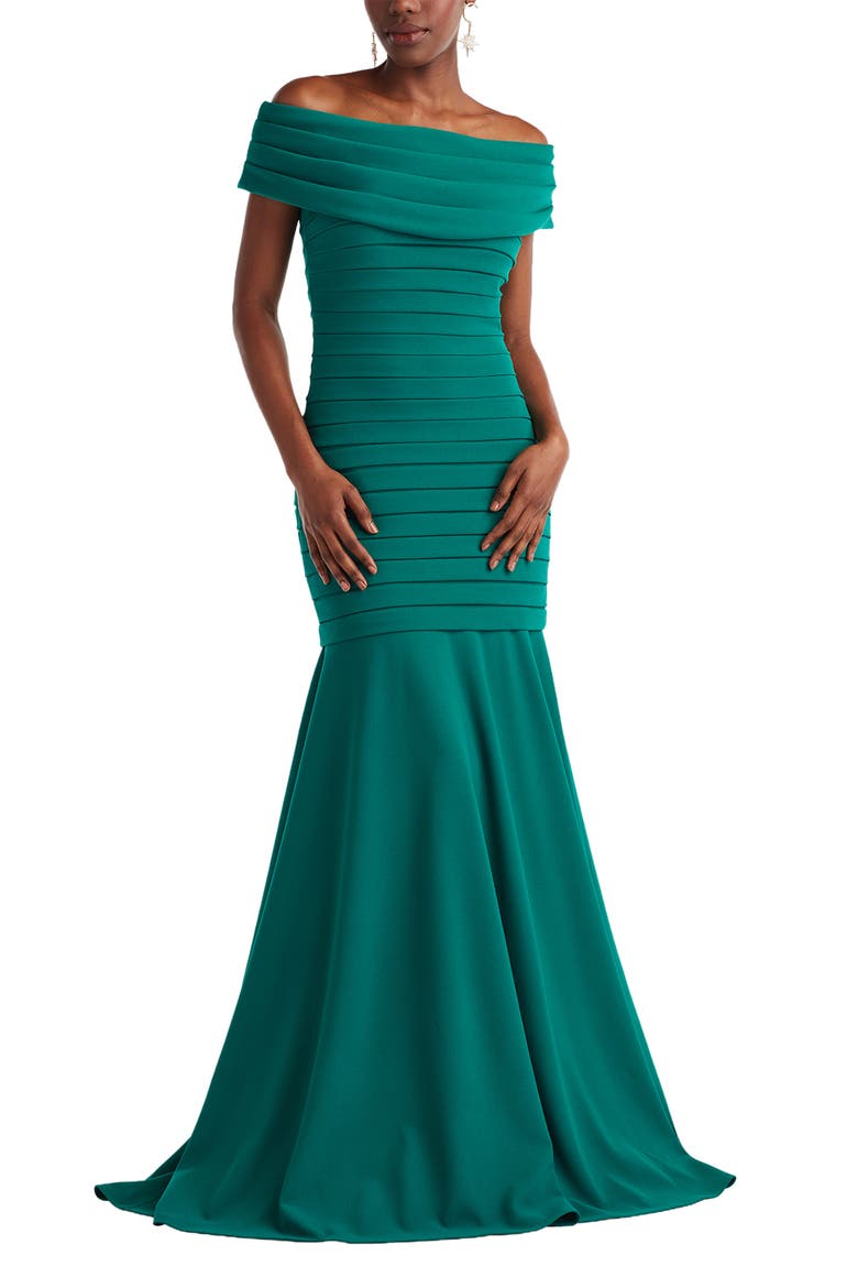 Pleated Off the Shoulder Mermaid Gown, Alternate, color, EMERALD
