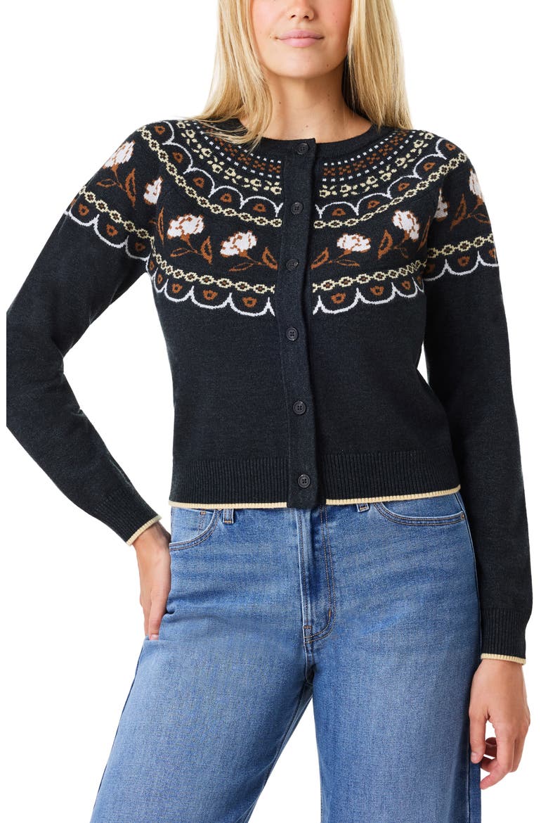 Border Detail Crewneck Cardigan, Alternate, color, CHARCOAL GREY/ SUGAR SWIZZLE